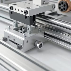 The image shows a close-up of a linear actuator. The actuator is made of metal and has a black anodized finish. It is mounted on a white background.
