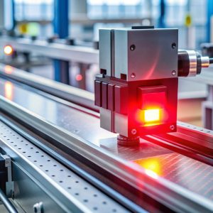 A modern industrial automation setup featuring a sleek photoelectric sensor emitting a visible red light beam for precise object detection and monitoring applications.